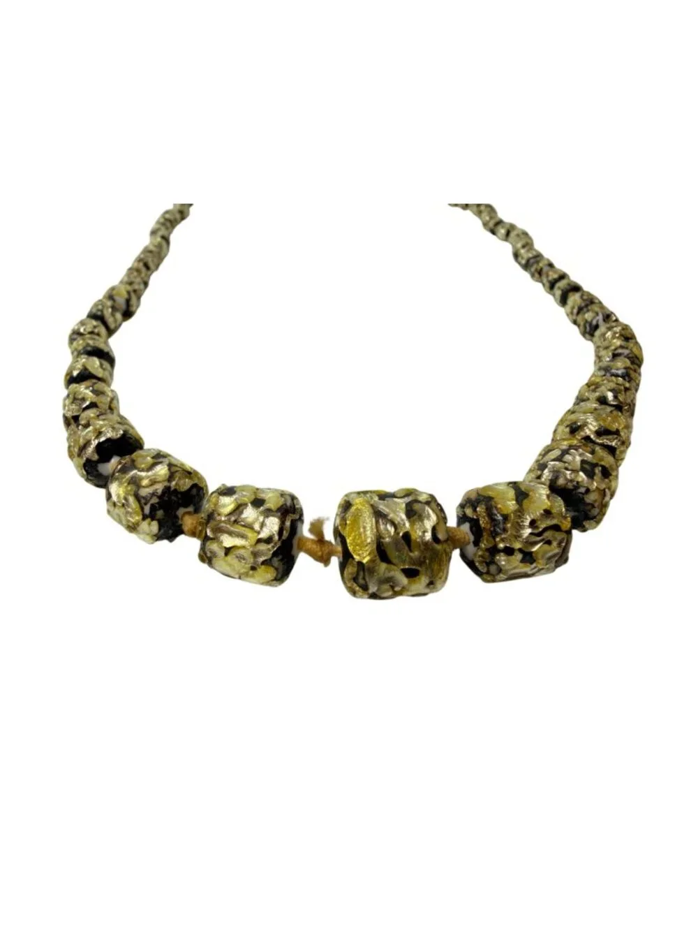 Vintage Murano Chunky Knotted Resin Prayer Bead Necklace Gold Foil Black 32" - Picture 3 of 11